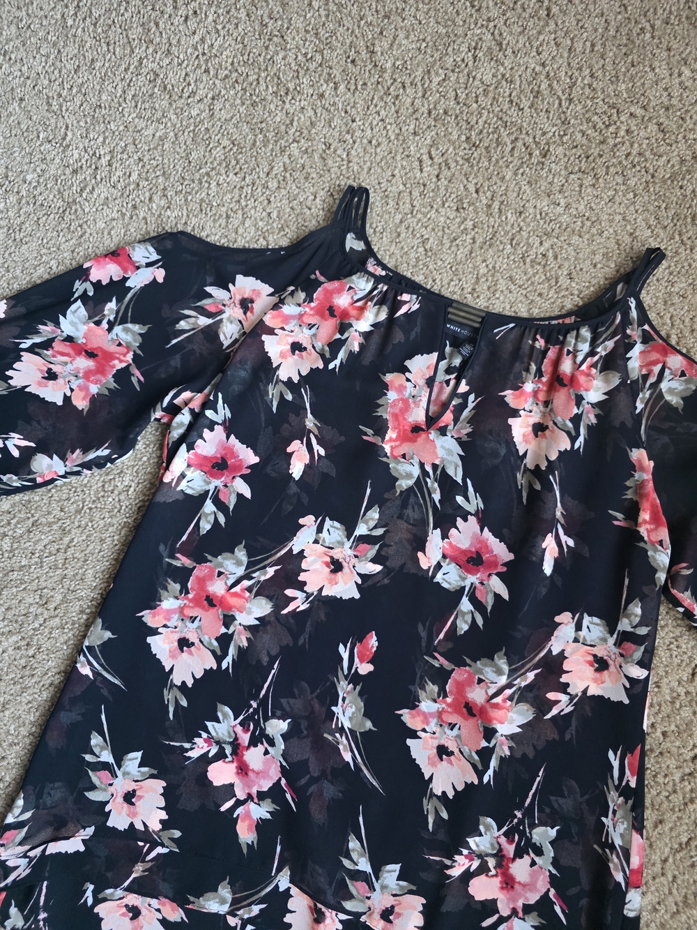 White House Black Market Black Floral Cold-Shoulder Top with Pink Blooms. M